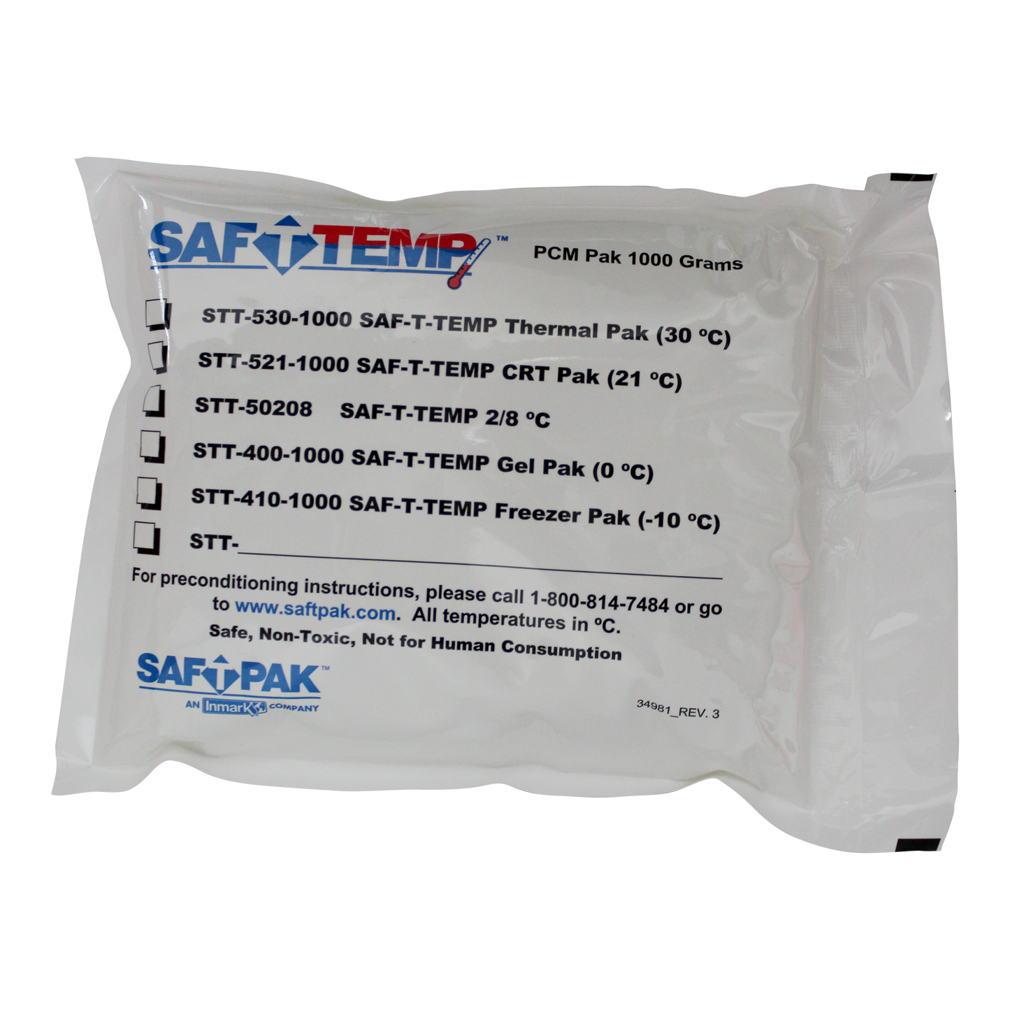 STT-400-1000 - Saf-T-Temp® 0°C Refrigerated Phase Change Material Gel Paks, 1000g, 8/Carton